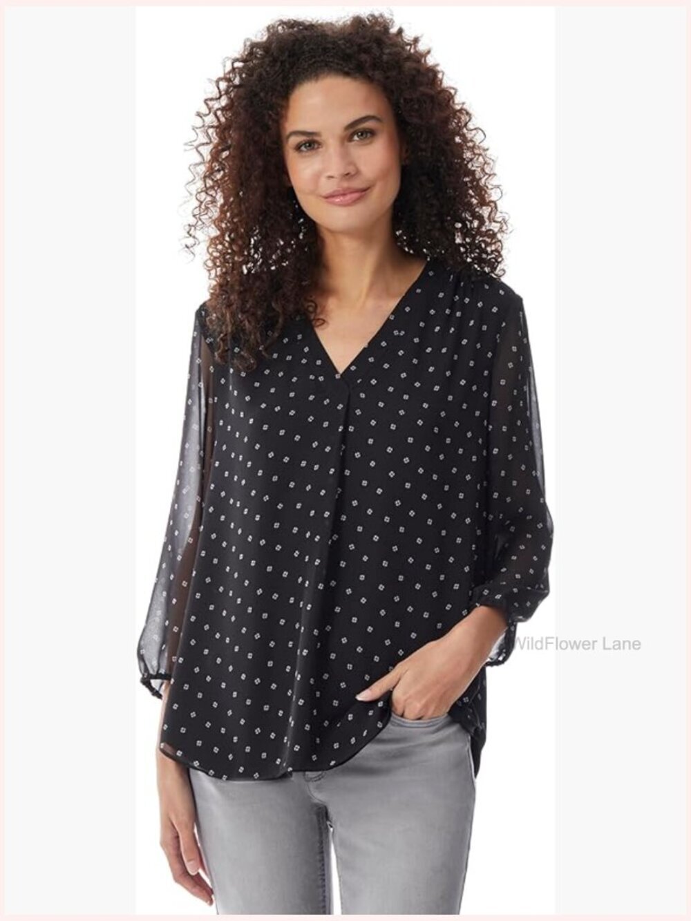 3/4 Sleeve Pleat Front Printed Tunic Top V-Nec